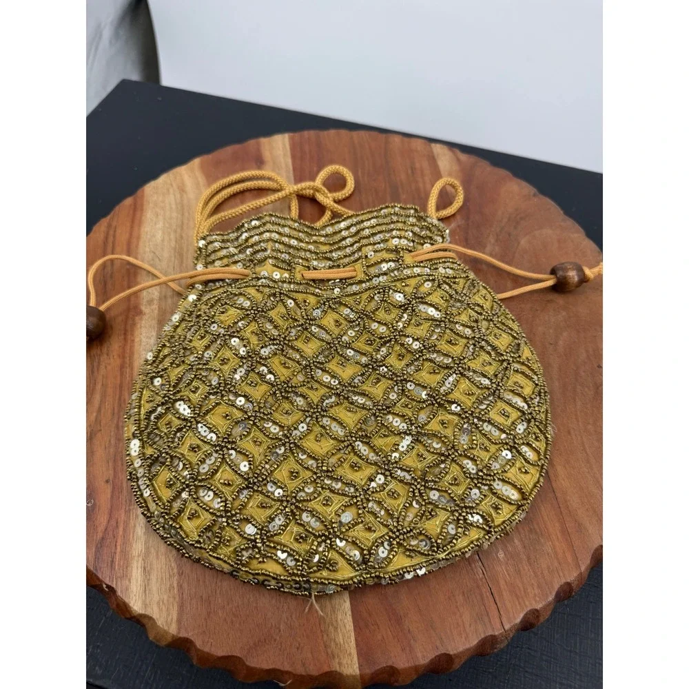Unbranded Beaded Drawstring Pouch Bag Women Small Gold Sequin Evening Purse